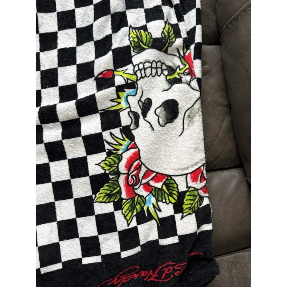 Ed Hardy Skull Roses Checkered Beach Towel 36x68 Cotton Black White NWT